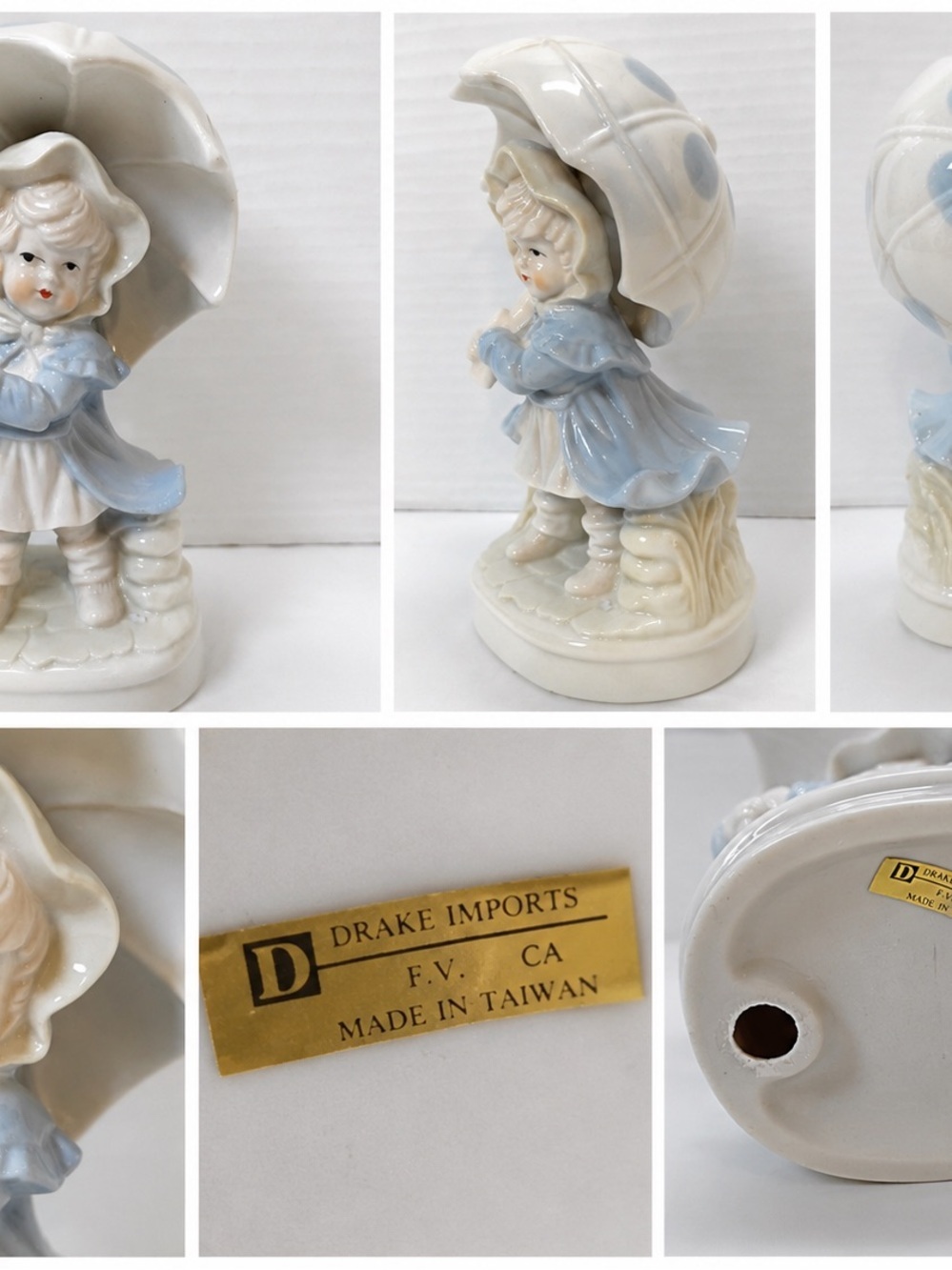 Vintage Drake Imports Porcelain Girl With Umbrella Figurine Blue White